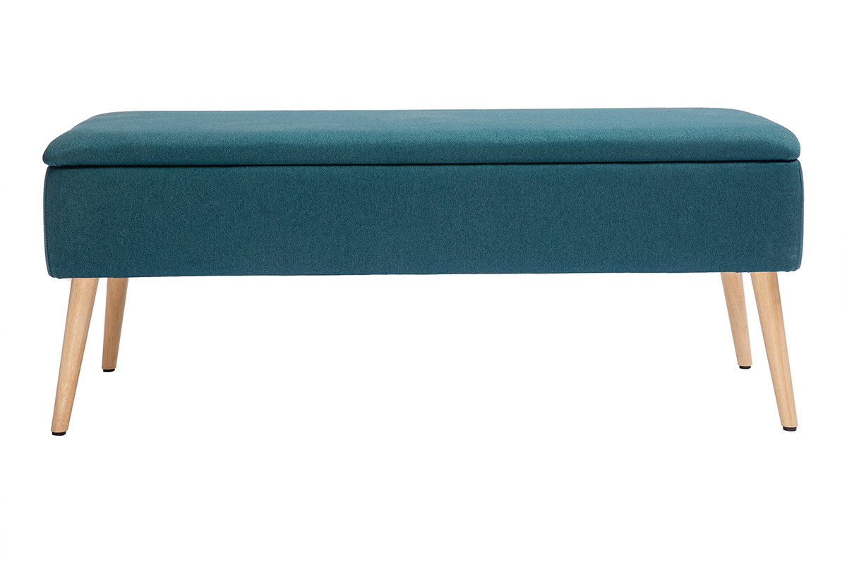 Panca contenitore in tessuto blu anatra e legno chiaro LARS