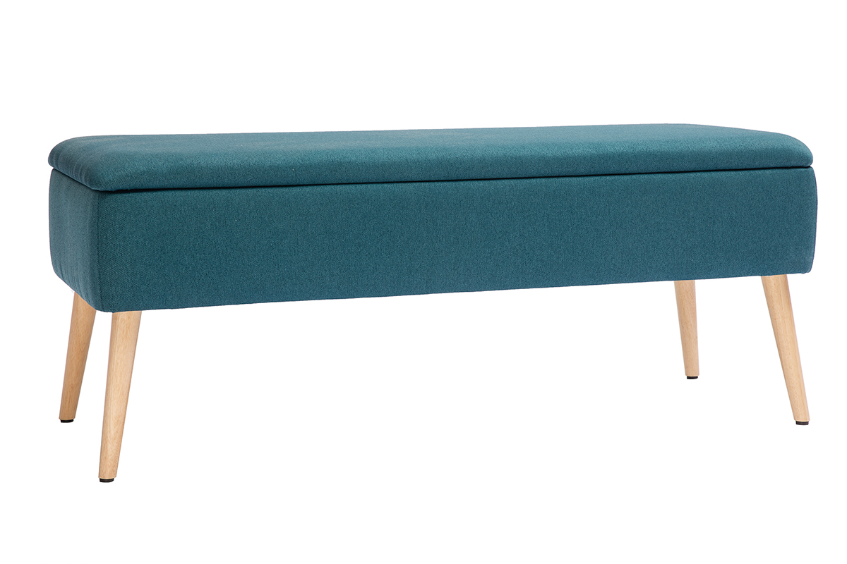 Panca contenitore in tessuto blu anatra e legno chiaro LARS