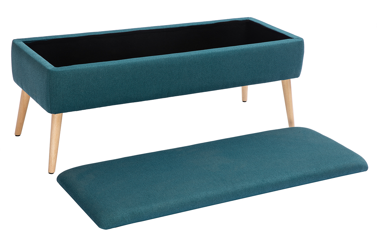 Panca contenitore in tessuto blu anatra e legno chiaro LARS