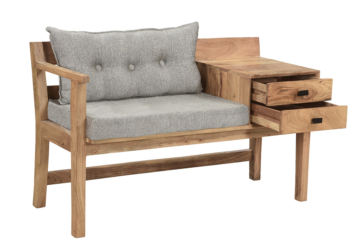 Panca da ingresso con contenitore legno massello e tessuto grigio chin L115 cm MENDOZA