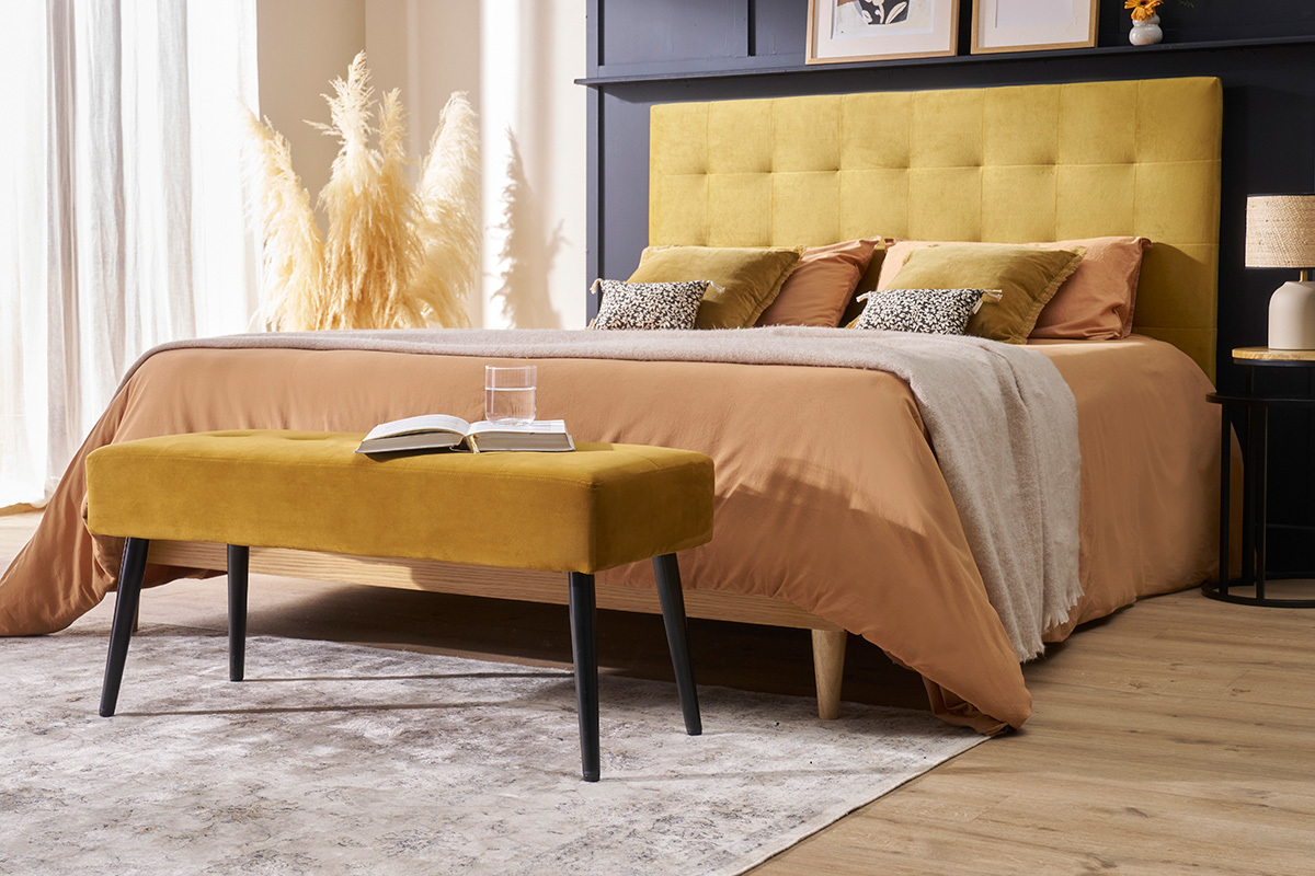 Panca design lavorazione capitonn in tessuto velluto color bronzo e metallo nero L95 cm GUESTA
