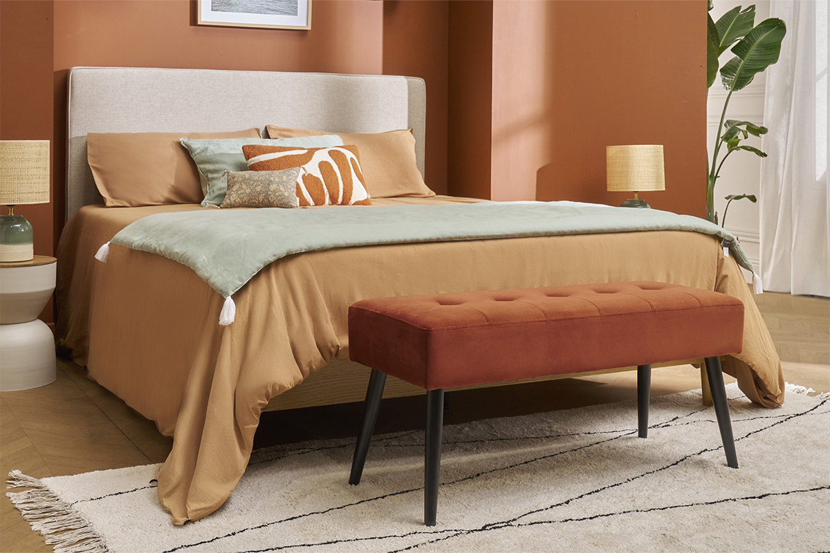 Panca design lavorazione capitonn in tessuto velluto color bruciato e metallo nero L95 cm GUESTA