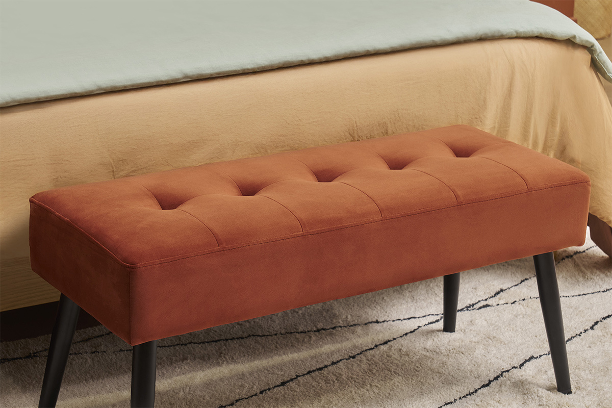 Panca design lavorazione capitonn in tessuto velluto color bruciato e metallo nero L95 cm GUESTA