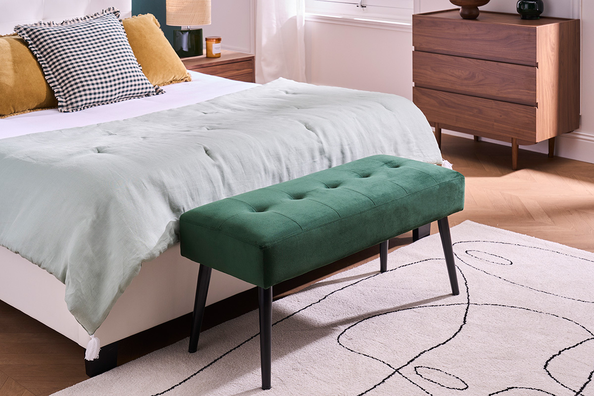 Panca design lavorazione capitonn in tessuto velluto verde scuro e metallo nero L95 cm GUESTA