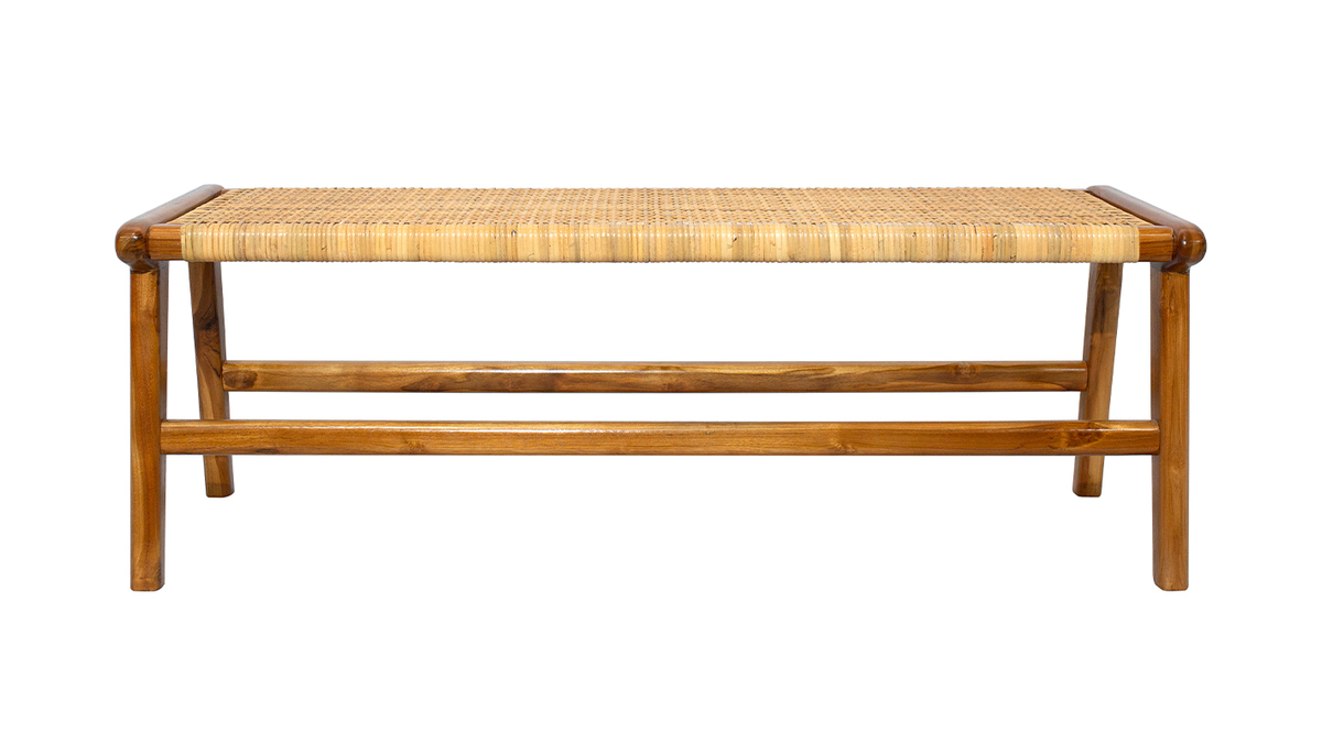 Panca etnica in legno massello di teak e motivo a intreccio rattan L120 GAWA