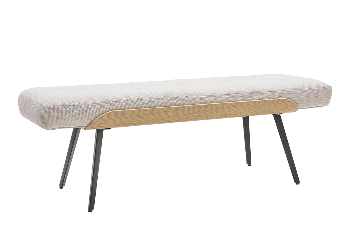 Panca in tessuto beige effetto velluto su piedi in metallo nero e legno chiaro, vista a 3/4