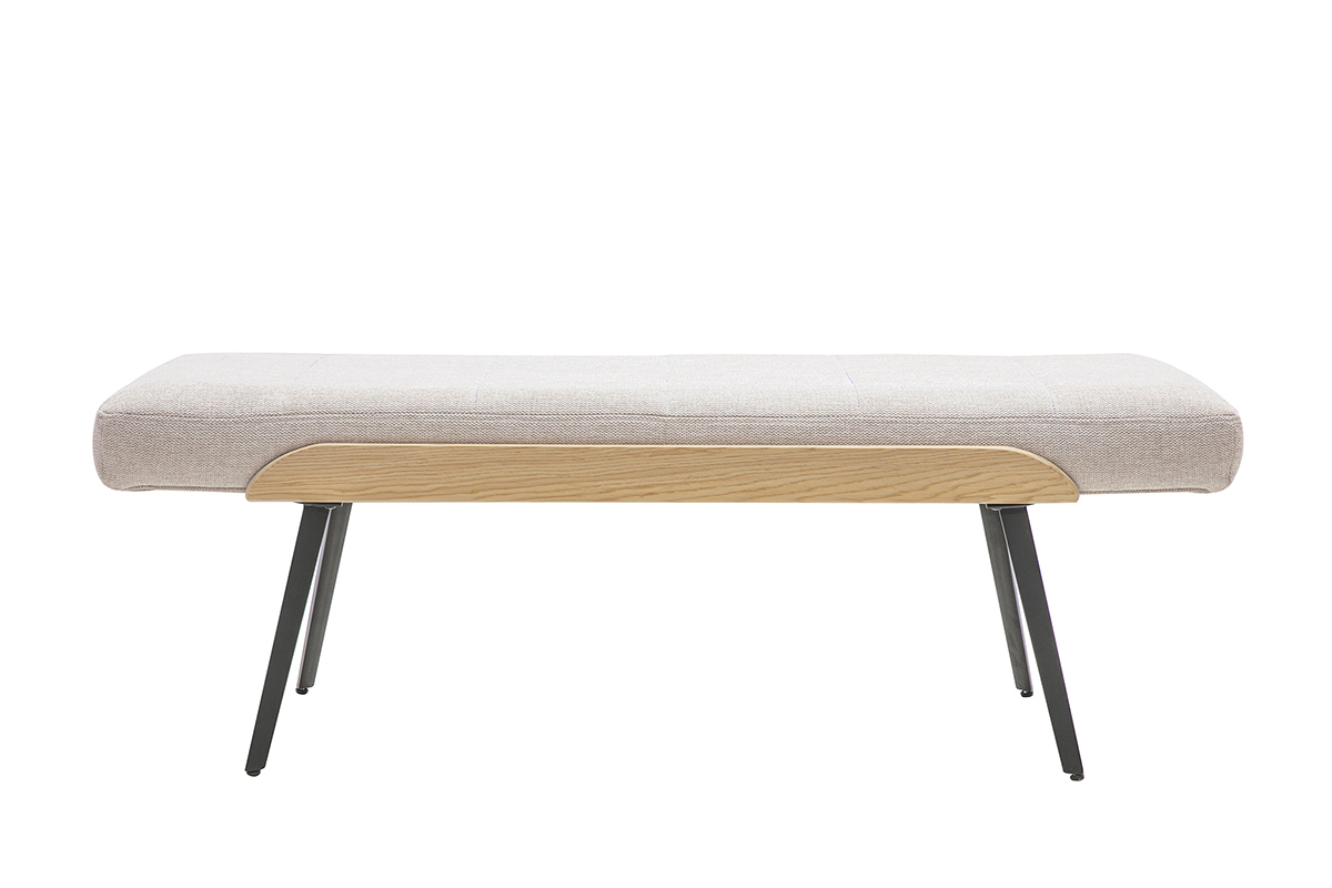 Panca in tessuto beige effetto velluto, legno chiaro e piedi in metallo nero, vista frontale.