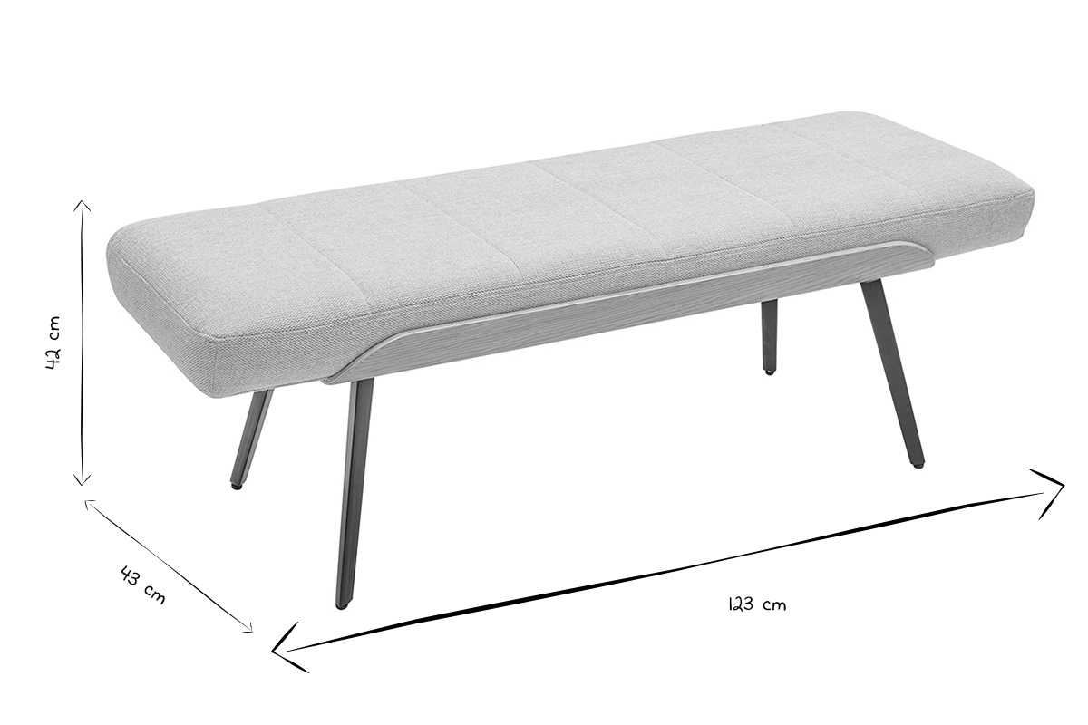 Panca in tessuto beige con dimensioni: L123 cm, H42 cm, P43 cm in bianco e nero.