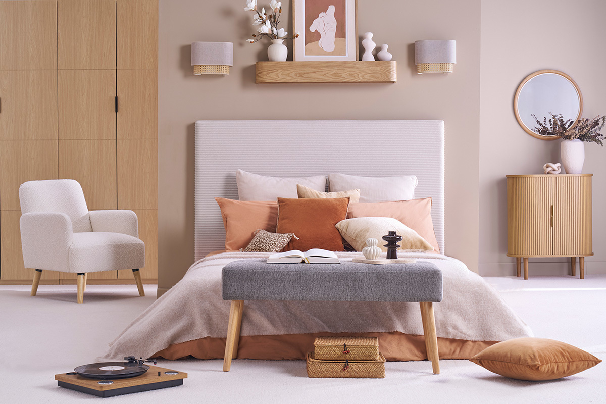 Panca lavorazione capitonn effetto velluto testurizzato grigio chiaro e legno chiaro L95 cm GUESTA