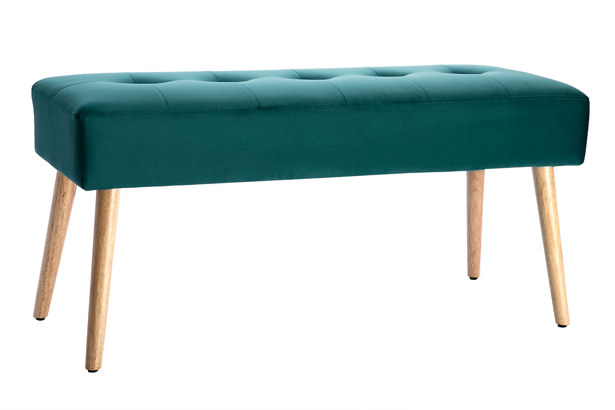 Panca lavorazione capitonn in tessuto velluto blu petrolio e legno chiaro L95 cm GUESTA