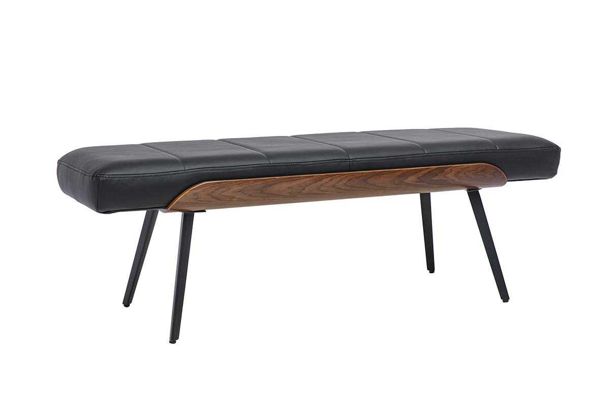 Panca nera in legno scuro e metallo nero, vista a 3/4, design elegante e moderno.