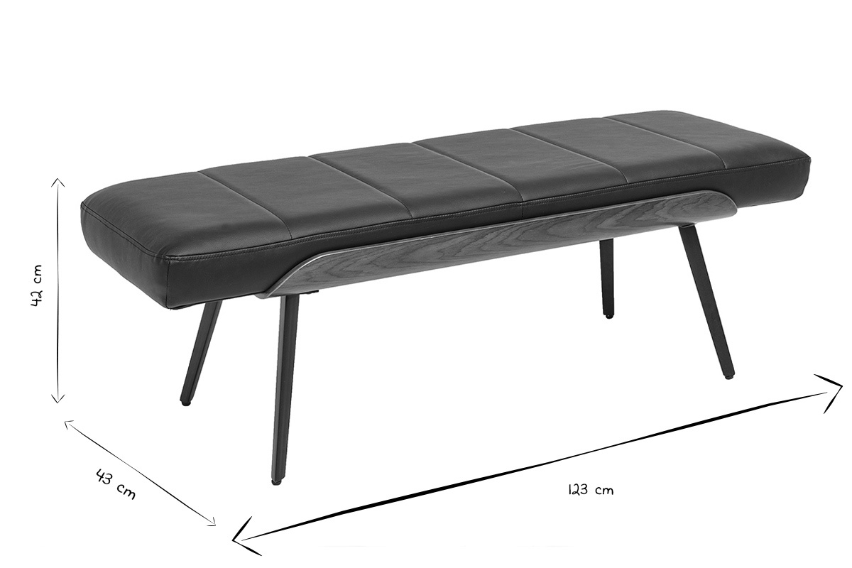 Panca nera ELIOR con dimensioni indicate: L123 cm, P43 cm, H42 cm in nero e bianco.