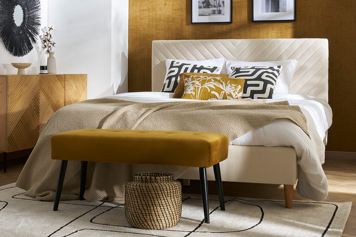 Panca scandinava lavorazione capitonn in tessuto effetto velluto testurizzato beige e legno chiaro L96 cm GUESTA