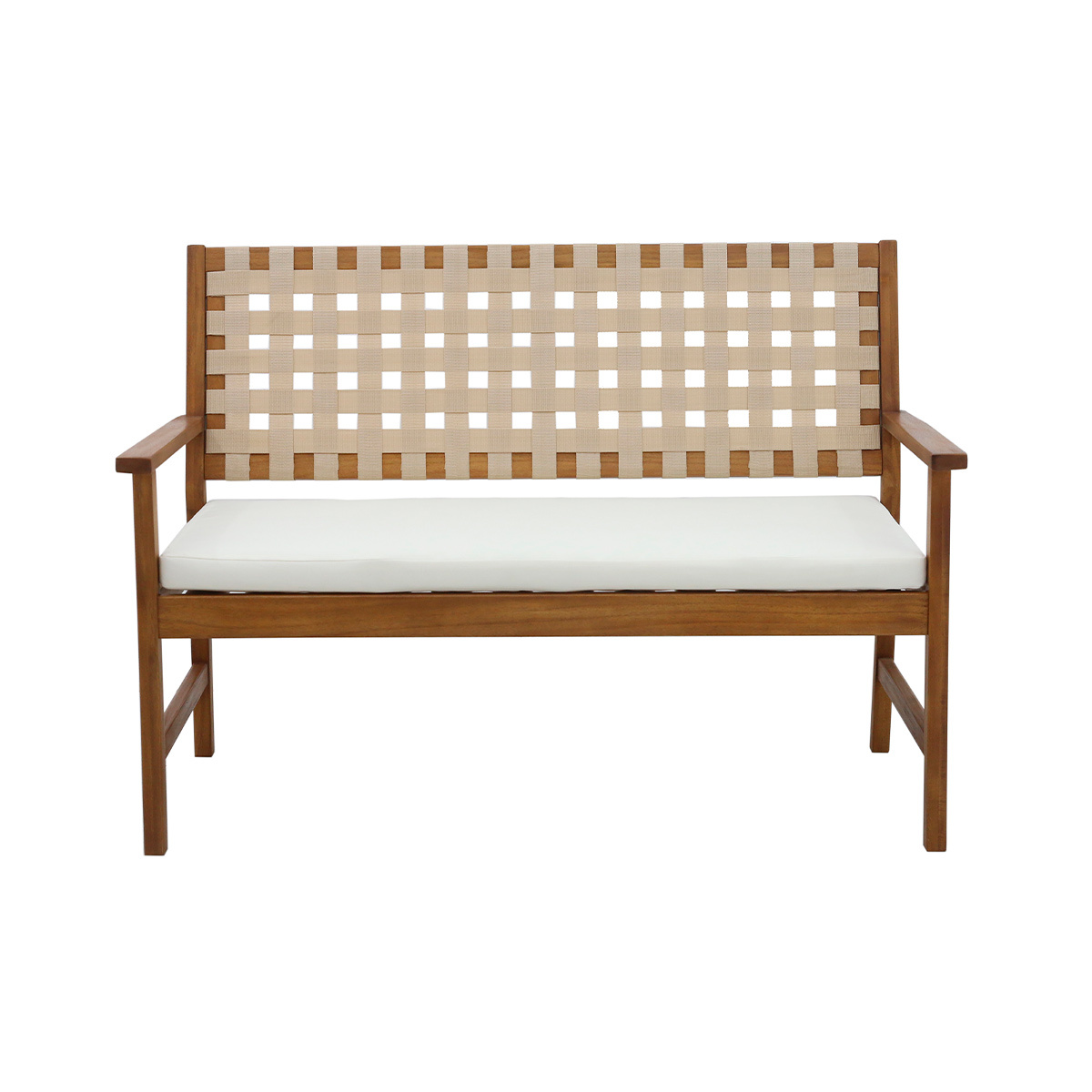 Panchina da giardino in legno massiccio 2 posti con cuscino bianco e cinghie L114 cm SANTANA