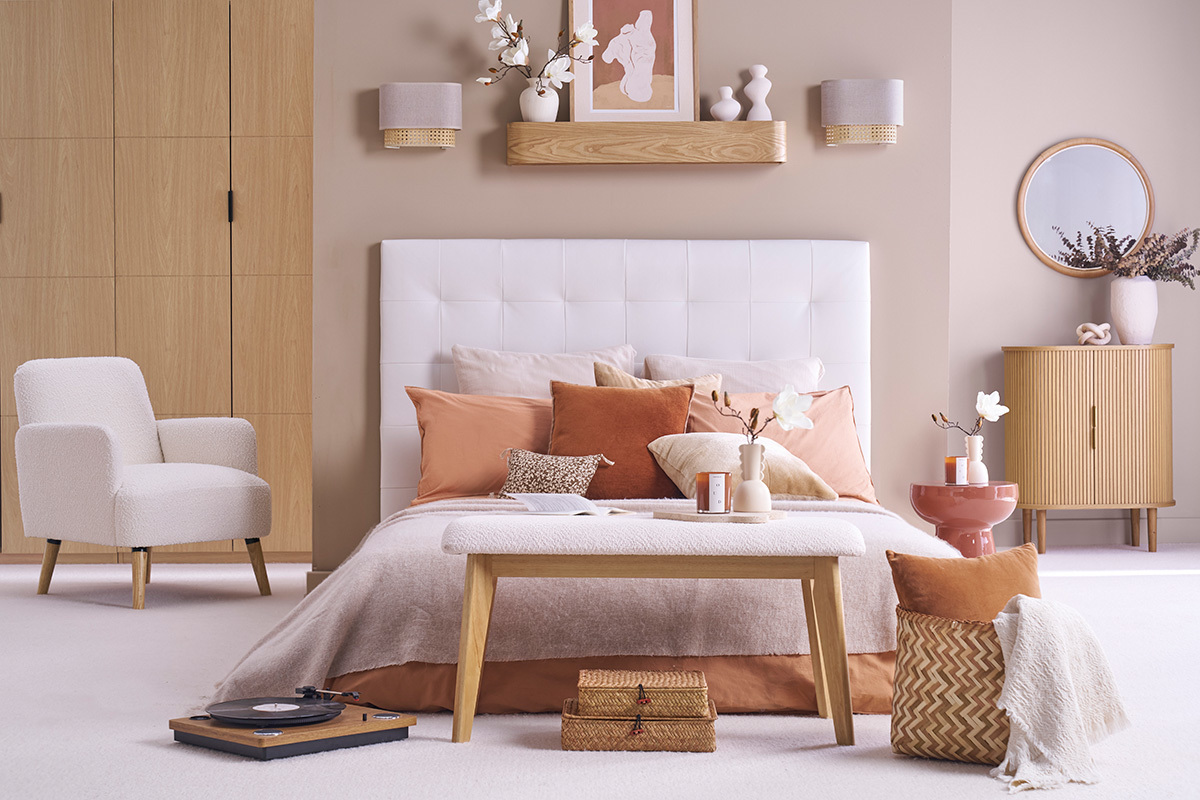 Panchina scandinava in tessuto effetto velluto testurizzato beige e legno chiaro L92 cm ELION