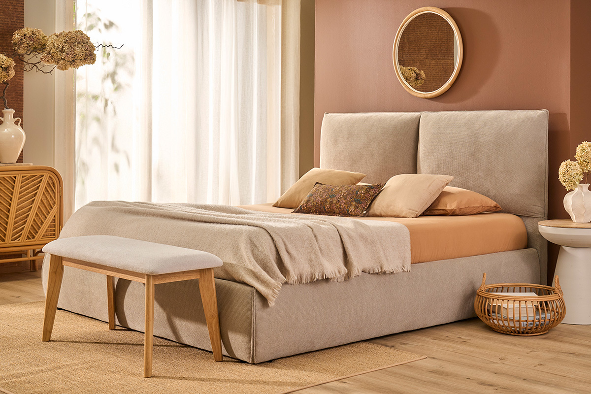 Panchina scandinava in tessuto effetto velluto testurizzato beige e legno chiaro L92 cm ELION