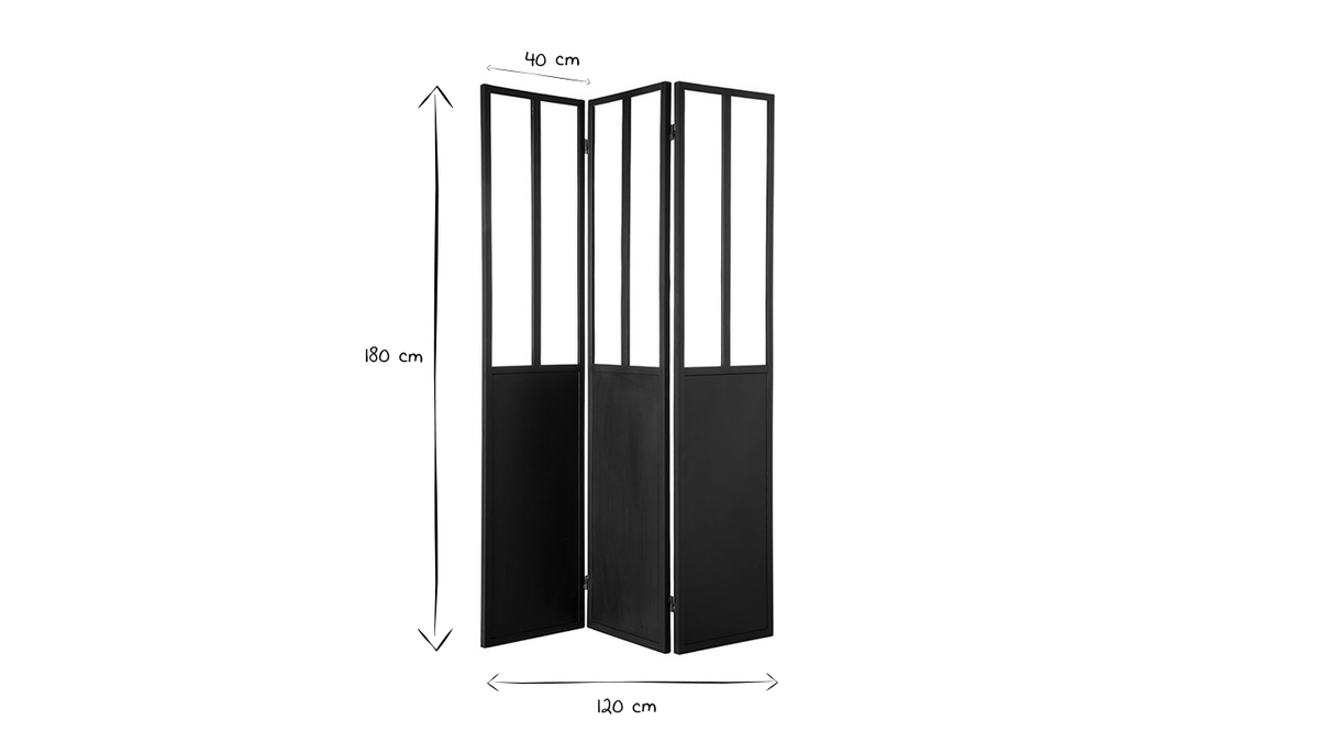 Paravento in metallo nero e vetro 3 ventagli RACK