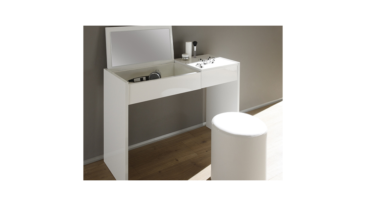 Pettiniera di design, con specchio e spazi per riporre i propri oggetti, colore: Bianco laccato, modello: SMART