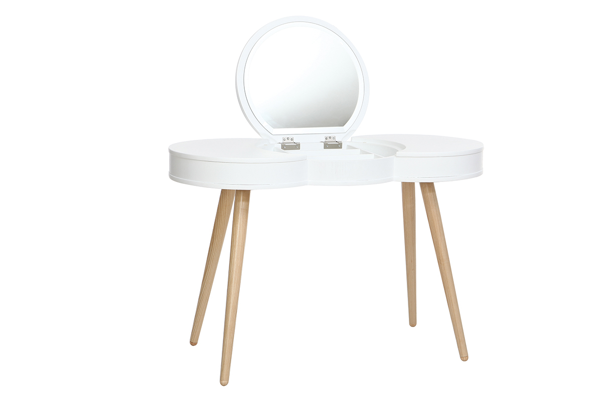 Pettiniera scandinava in legno Bianco con specchio rotondo NUBE