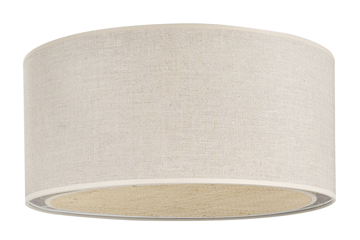 Plafoniera cilindrica in lino beige con diffusore in rabane, vista frontale.