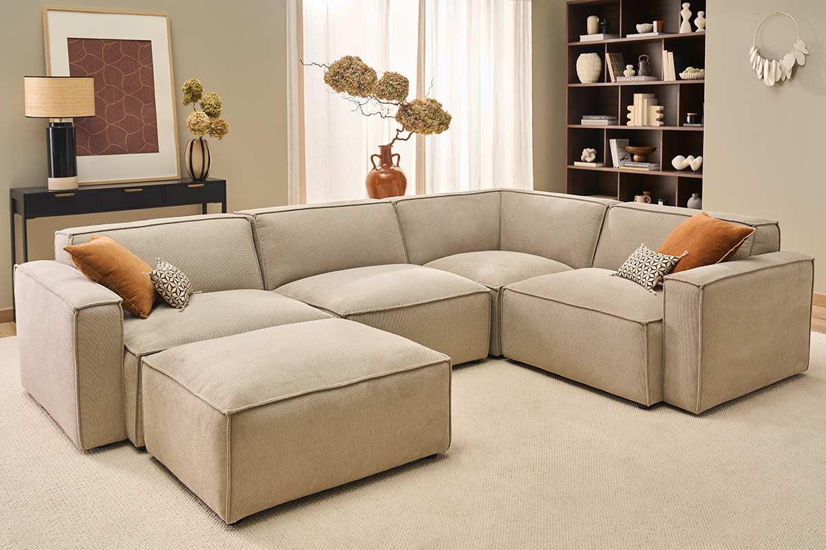 Poggiapiedi in tessuto ciniglia testurato beige SPLIT