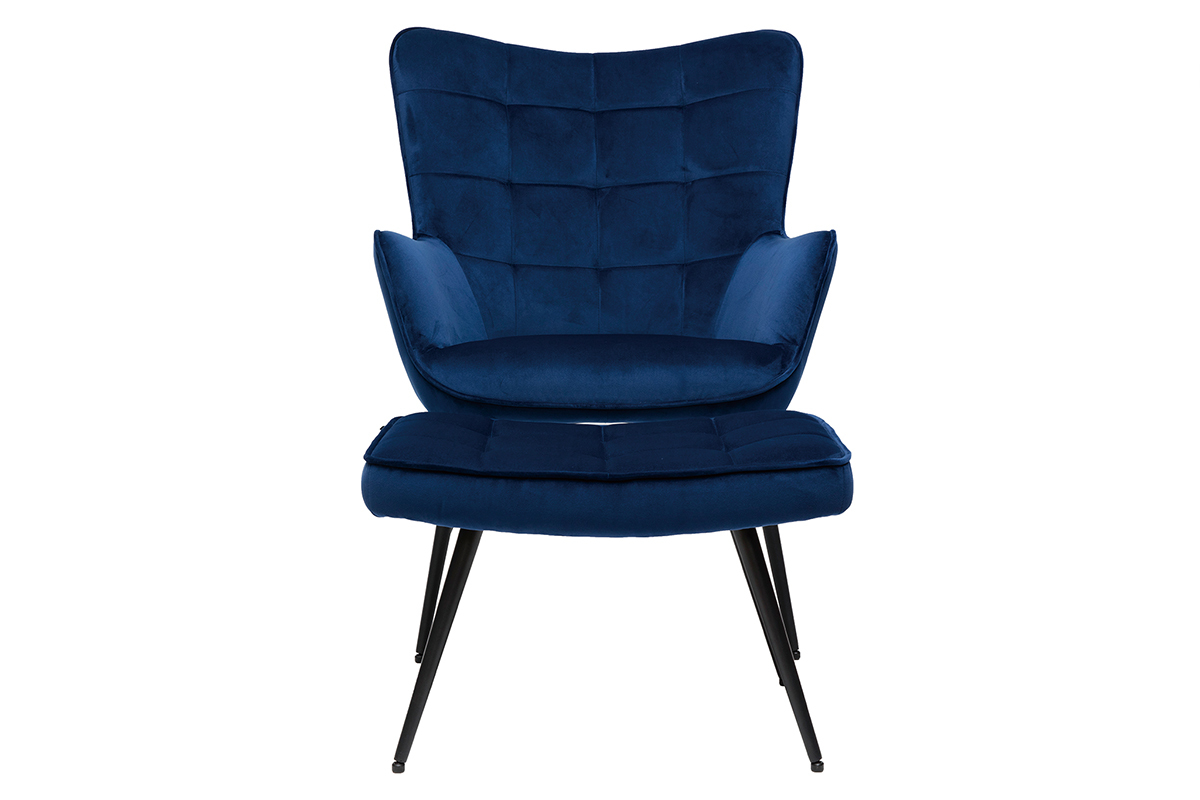 Poltrona con poggiapiedi design in tessuto velluto blu scuro e metallo nero MOOD