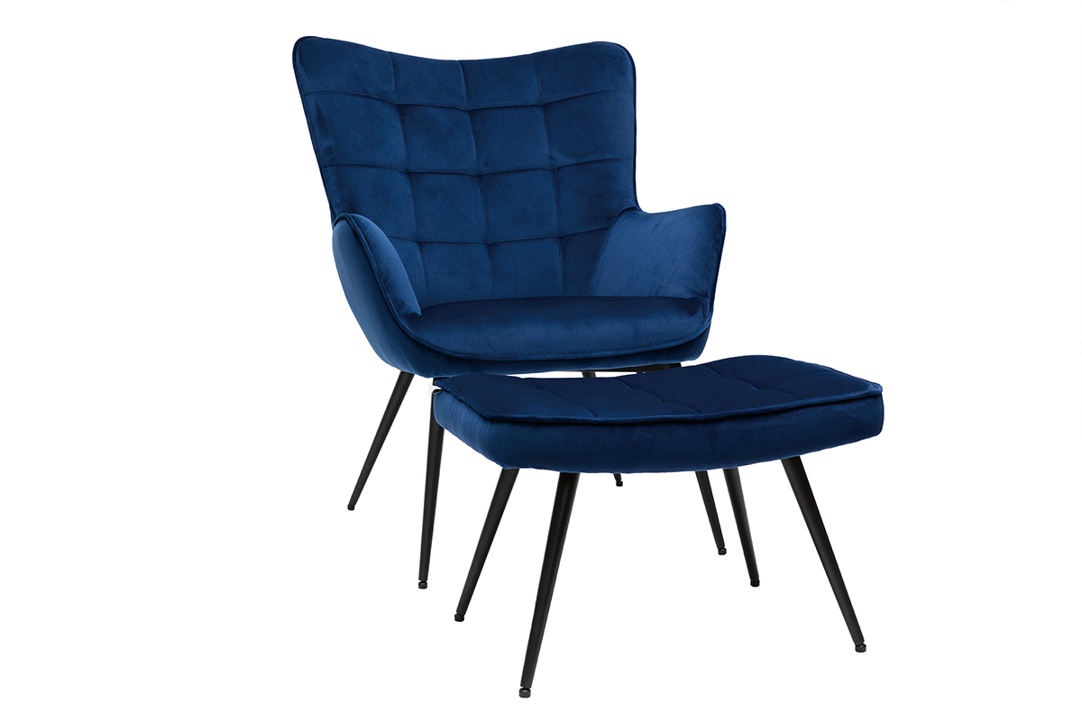 Poltrona con poggiapiedi design in tessuto velluto blu scuro e metallo nero MOOD