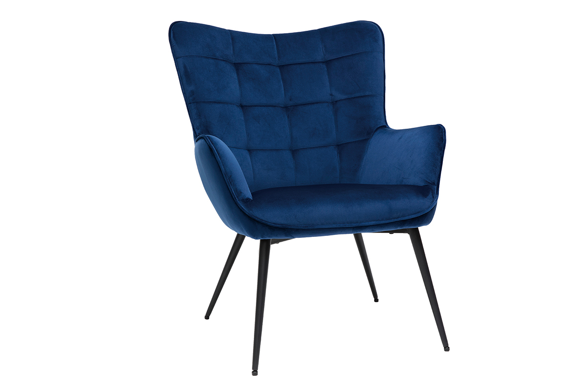 Poltrona con poggiapiedi design in tessuto velluto blu scuro e metallo nero MOOD