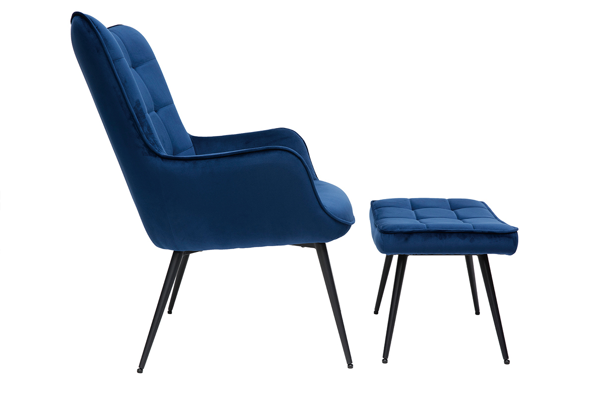 Poltrona con poggiapiedi design in tessuto velluto blu scuro e metallo nero MOOD