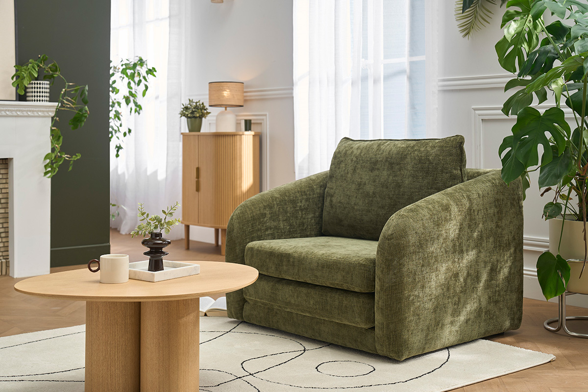 Poltrona convertibile in tessuto effetto velluto testurizzato verde kaki MAHAUT