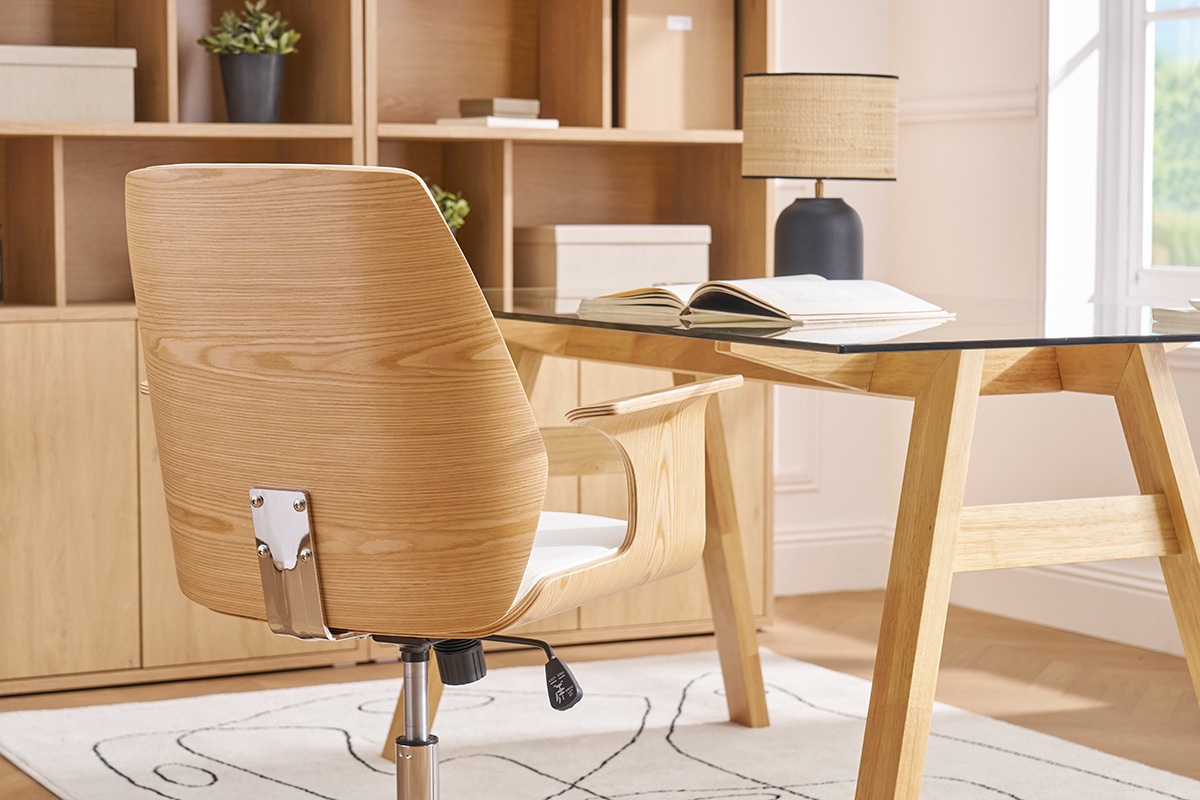 Poltrona da ufficio design bianco e legno chiaro RUFIN