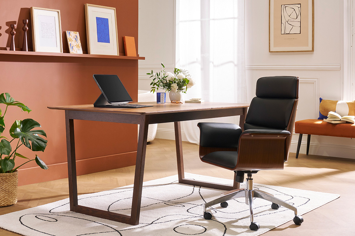 Poltrona da ufficio design in tessuto grigio e legno chiaro ELON