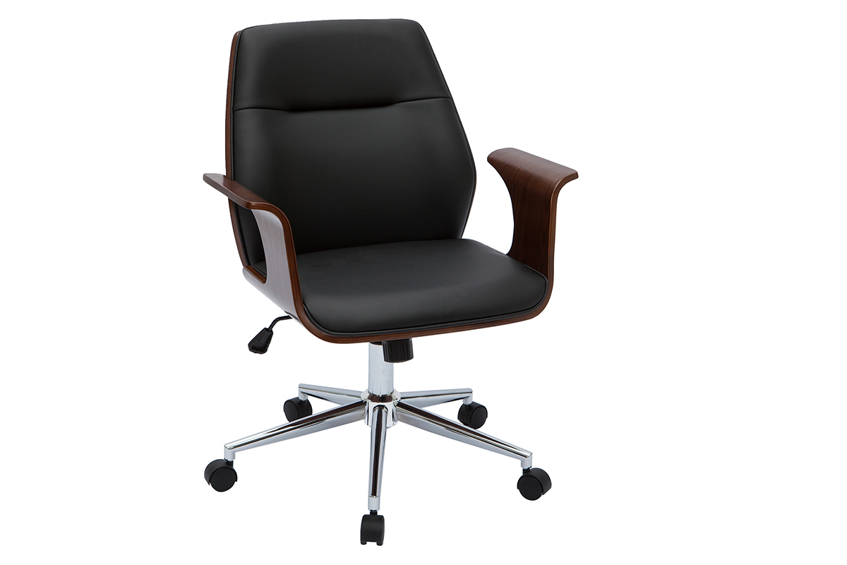Poltrona da ufficio design nero e legno scuro RUFIN