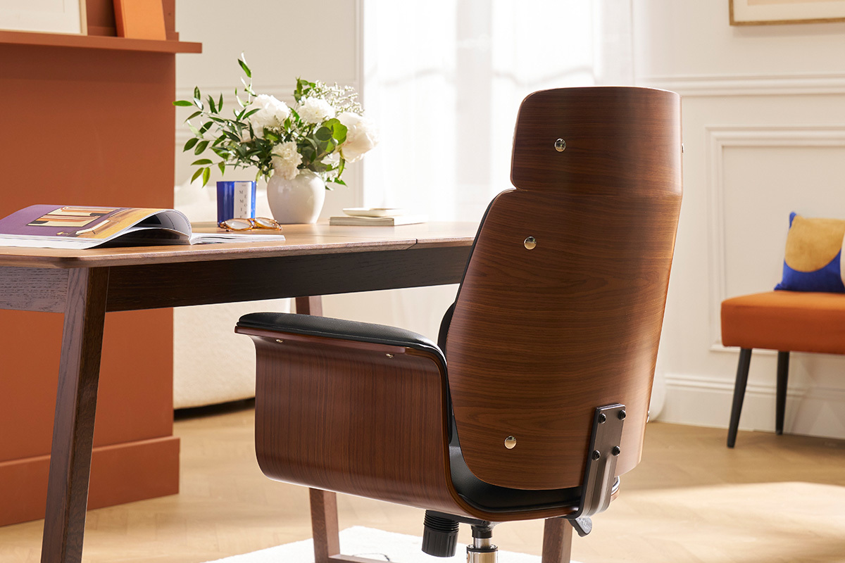 Poltrona da ufficio di design nera e legno scuro ELON