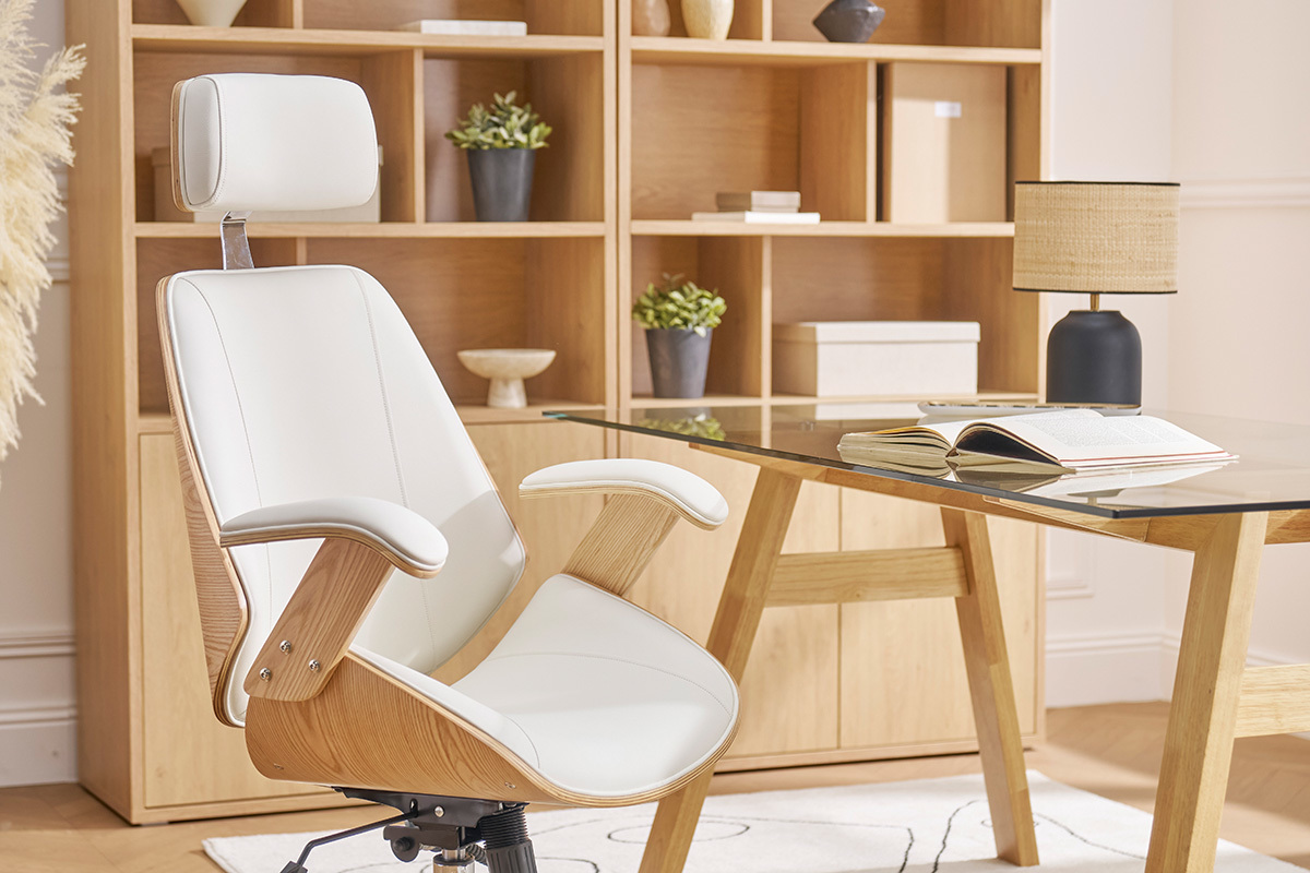 Poltrona da ufficio direzionale design bianco, legno chiaro e acciaio cromato MUSK