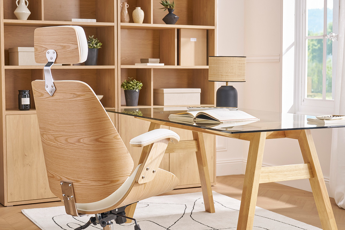 Poltrona da ufficio direzionale design bianco, legno chiaro e acciaio cromato MUSK