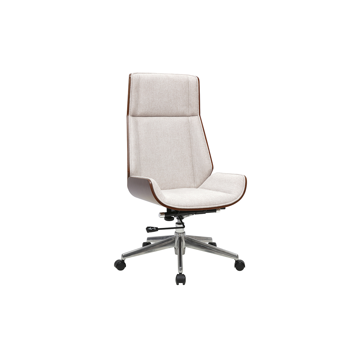 Poltrona da ufficio direzionale design in tessuto effetto velluto testurizzato beige, legno scuro e acciaio cromato CURVED