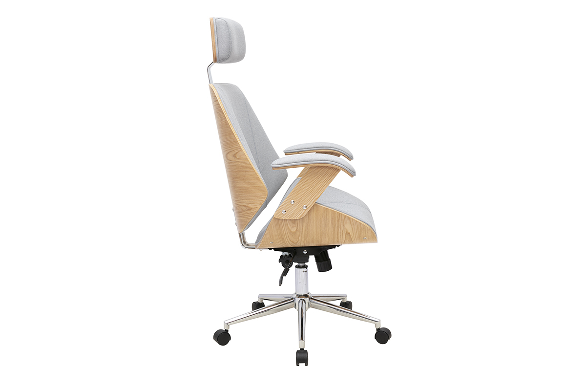 Sedia da ufficio in tessuto grigio, legno chiaro e acciaio, vista laterale.
