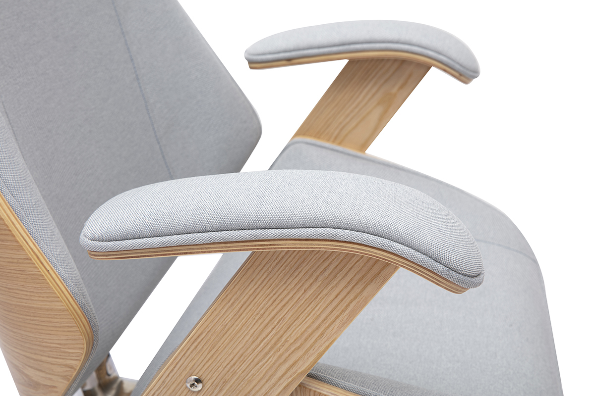 Braccioli imbottiti della poltrona da ufficio MUSK in tessuto grigio e legno chiaro.