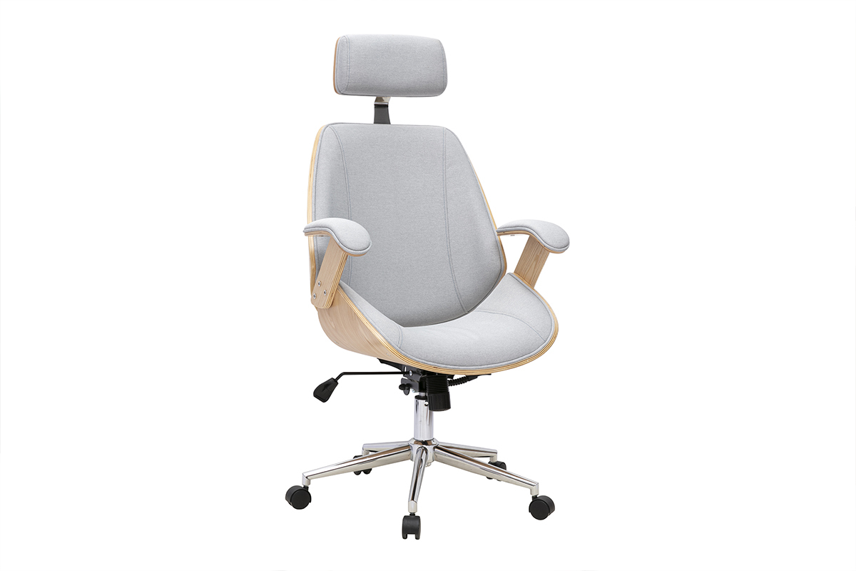 Poltrona da ufficio design in tessuto grigio con legno chiaro e acciaio, vista da 3/4.