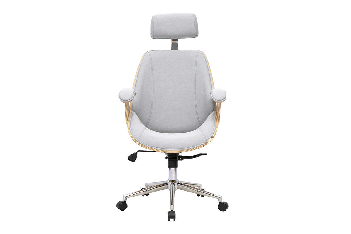 Poltrona da ufficio grigia, legno chiaro e acciaio, vista frontale.