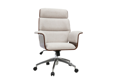 Poltrona da ufficio girevole di design in tessuto effetto velluto testurizzato beige, legno scuro e acciaio cromato ELON