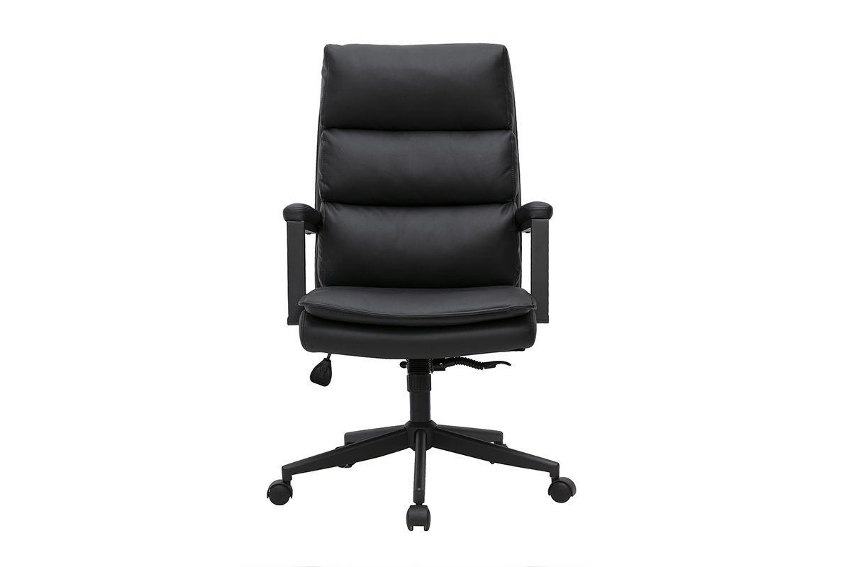 Sedia da ufficio con rotelle nera SAEL, vista frontale, con braccioli e seduta imbottita.