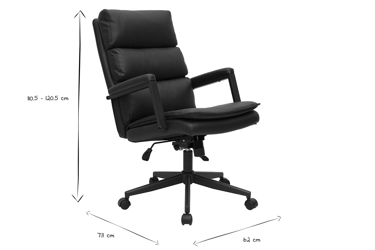 Poltrona da ufficio nera SAEL con rotelle con dimensioni in bianco e nero, vista laterale.