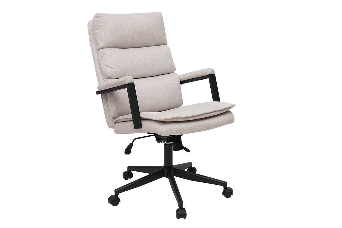 Poltrona da ufficio con ruote in tessuto effetto velluto beige e metallo nero, vista a 3/4.