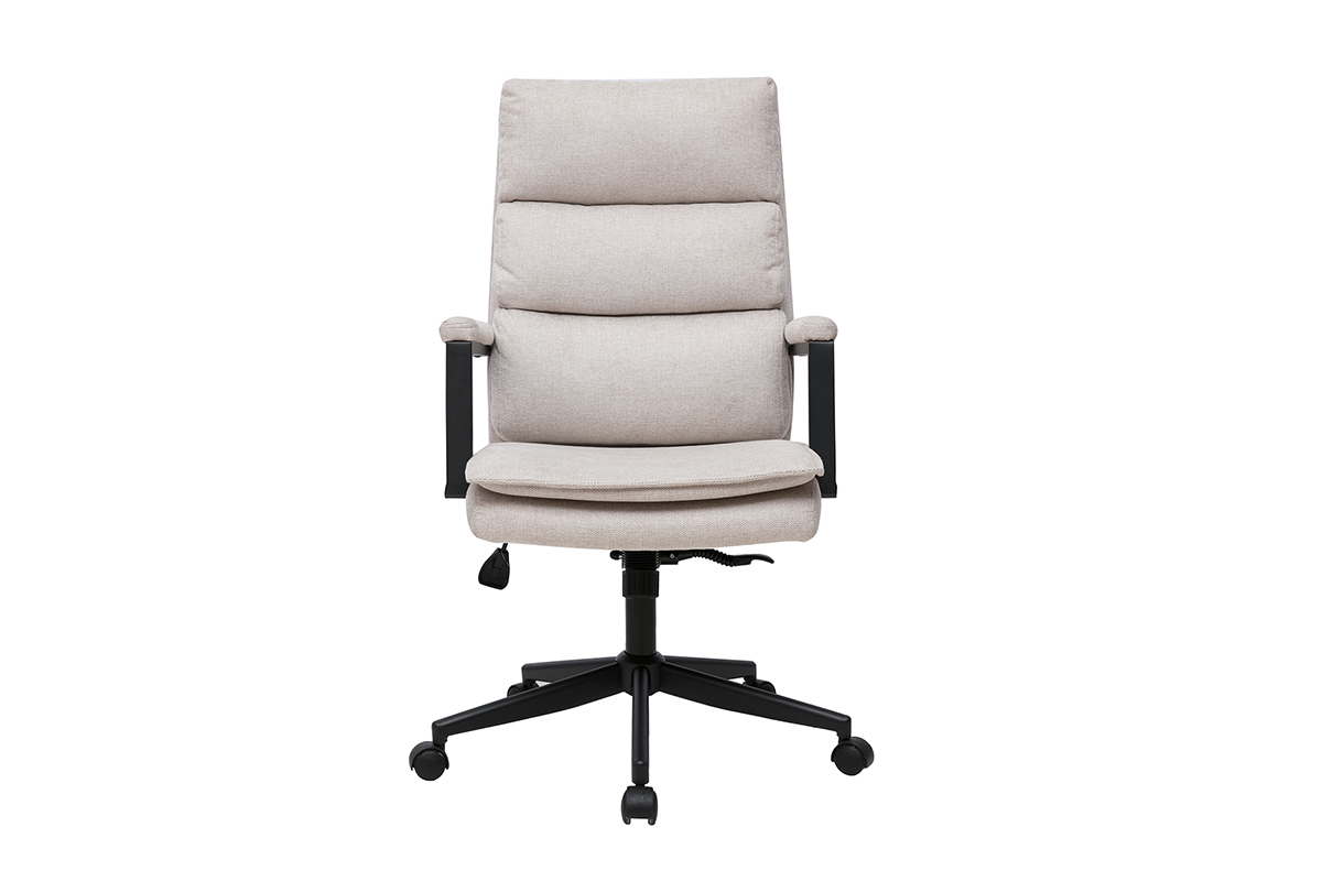 Sedia da ufficio su rotelle in tessuto beige, vista frontale, struttura in metallo nero.