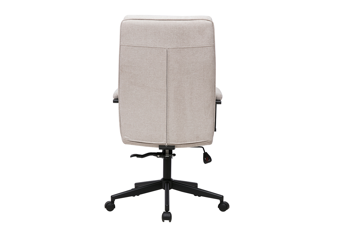Poltrona da ufficio con rotelle beige in tessuto effetto velluto, vista posteriore, con struttura in metallo nero.