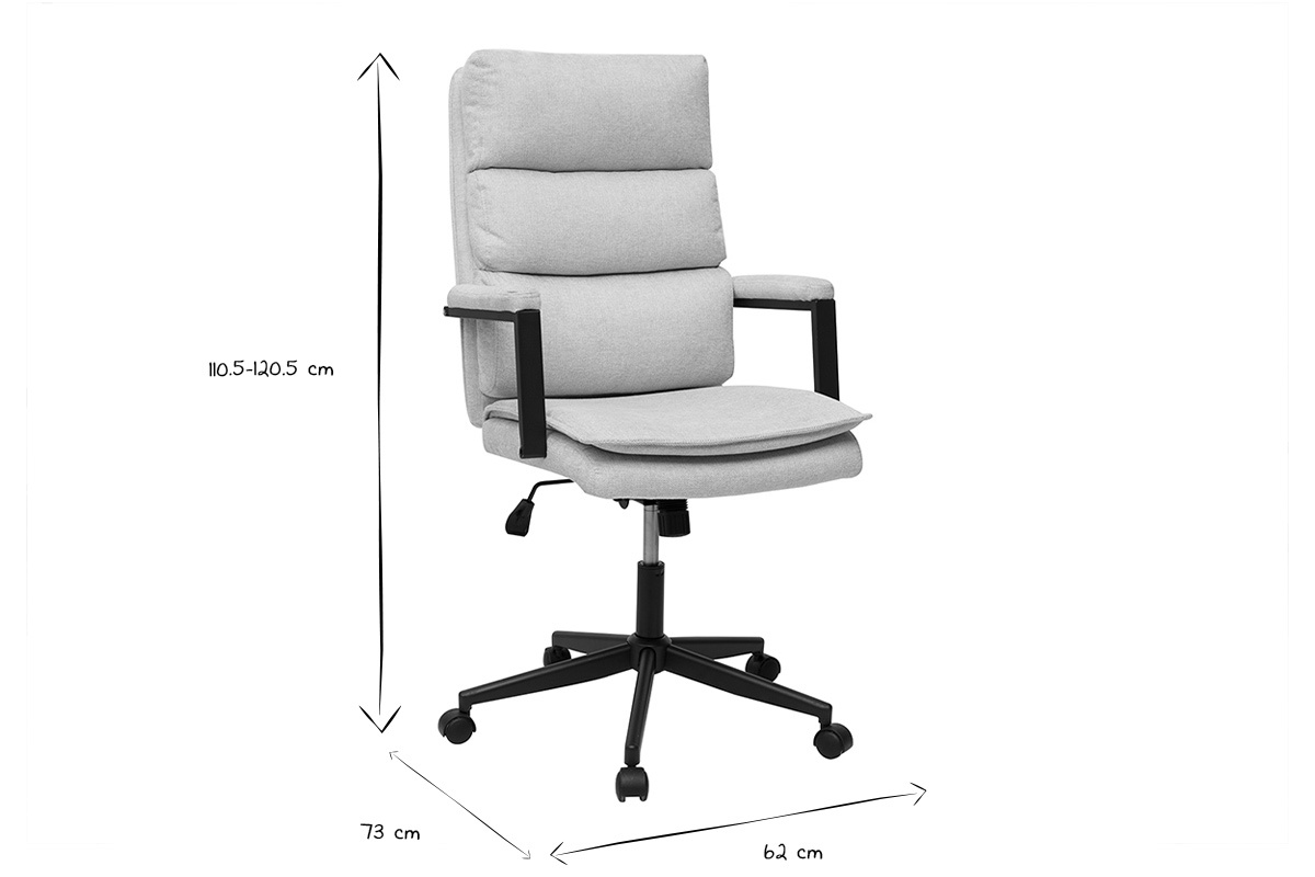 Dimensions de la chaise de bureau en noir et blanc, hauteur 110.5-120.5 cm, largeur 62 cm, profondeur 73 cm.