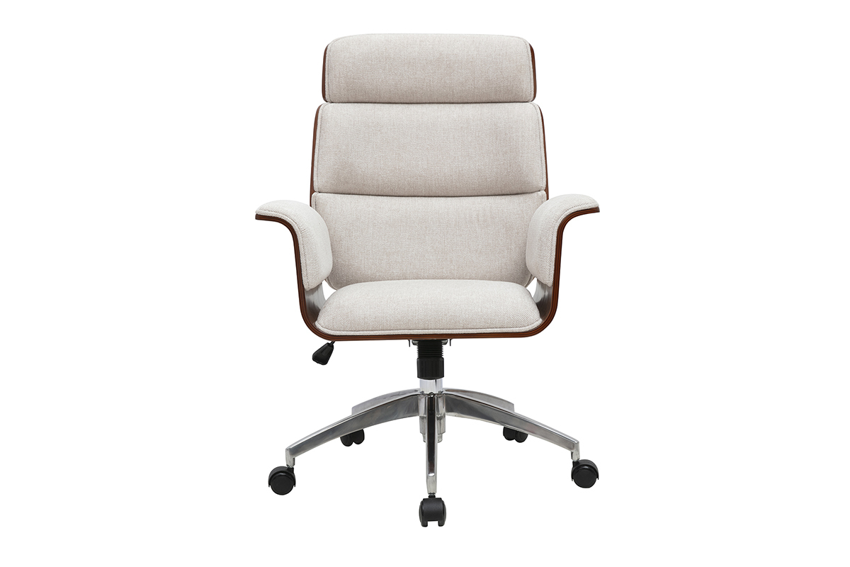 Poltrona da ufficio beige in velluto con ruote e braccioli curvi, vista frontale.