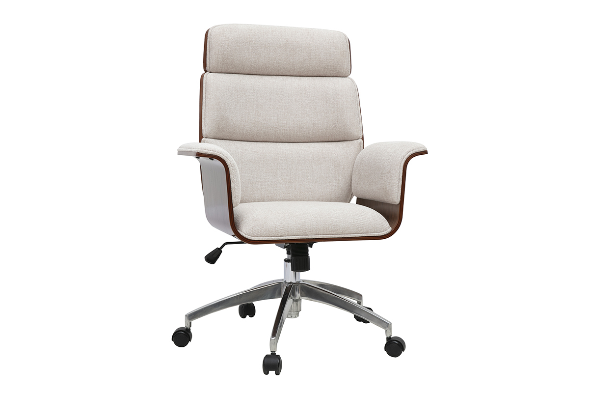 Poltrona da ufficio con ruote in tessuto beige, legno scuro, vista di 3/4.